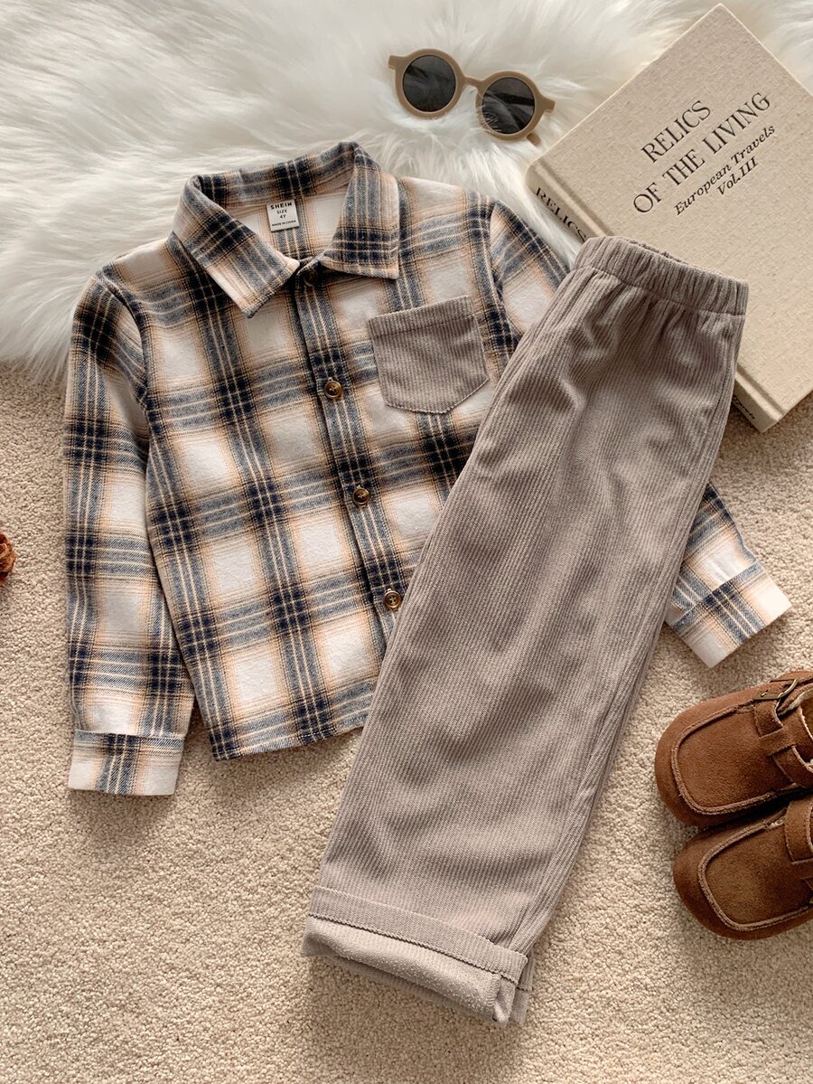 SHEIN Young Boy Colorful Plaid Lapel Contrast Pocket Long Sleeve Button ...