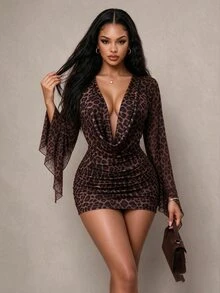 Sirith Women's Deep V-Neck Leopard Print Sexy Date Party Dress - Multicolor - View 3