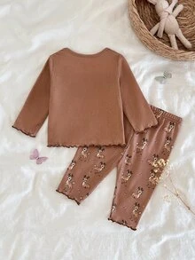 SHEIN 新生兒小鹿圖案印花上衣與長褲家居服套裝 - 彩色 - 查看 2