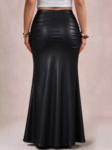 Freevana Plus Size Women Black PU Mermaid Hem Skirt Fall Winter,Party,Vacation,Going Out,Long Skirt,Dating - Black - View 2