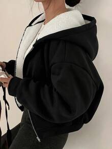SHEIN 青少年女孩秋冬黑色對比色保暖內裡休閒寬鬆套頭運動衫，極簡設計，適合休閒與運動 - 黑色 - 查看 5