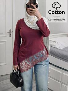 Solavon Plus Size Women Solid Color Round Neck Long Sleeve Lace Hem Patchwork T-Shirt - Red - View 1