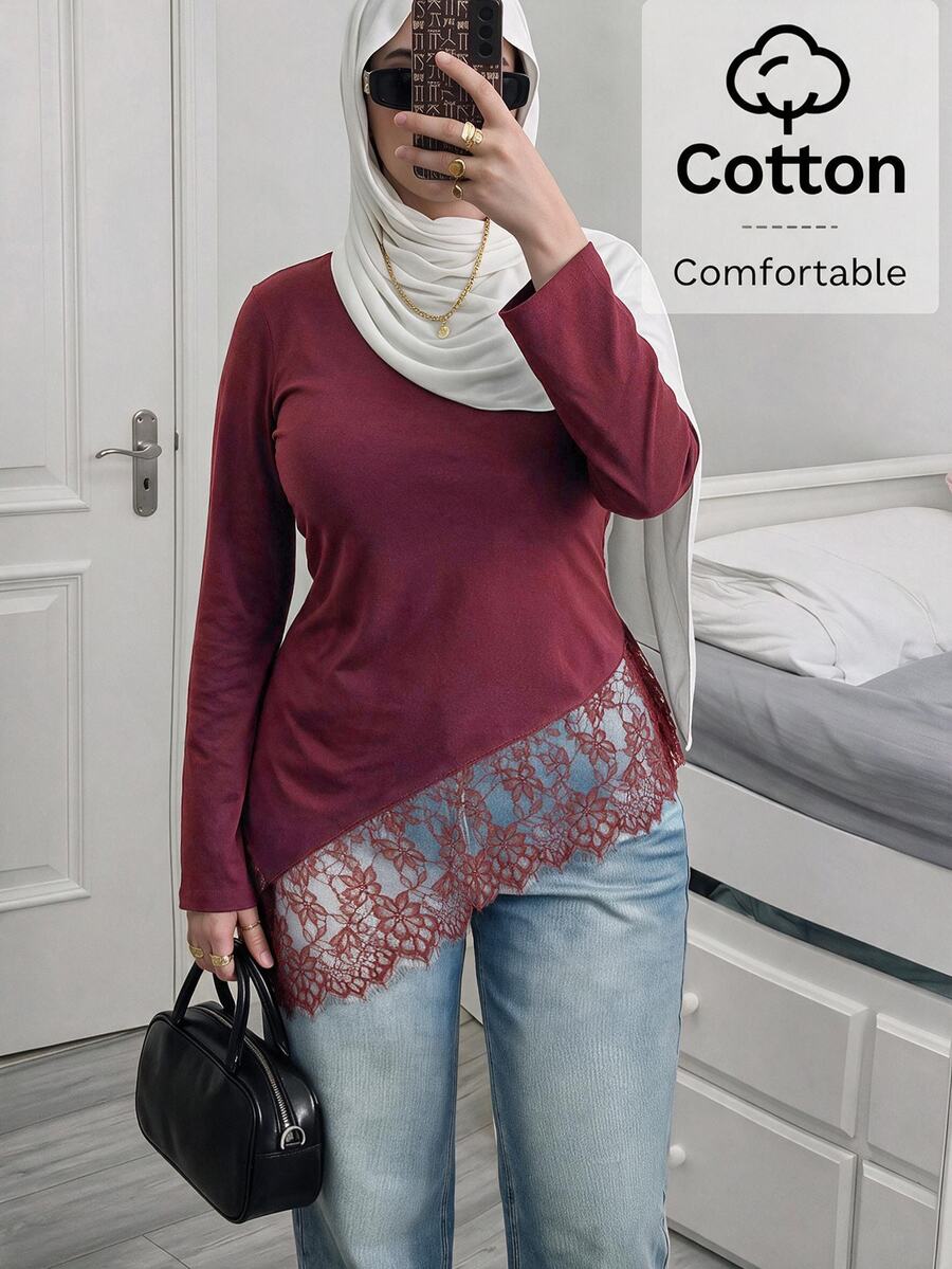 Solavon Plus Size Women Solid Color Round Neck Long Sleeve Lace Hem Patchwork T-Shirt - Red - View 1
