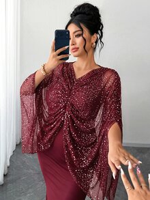 Elenzga 大尺碼女款優雅針織黑色網紗銀箔百褶披肩式修身緊身洋裝 - 酒紅色 - 查看 8