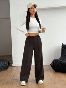 SHEIN PETITE 女款 Y2K 黑色基本款休閒純色寬腿褲，正式秋季冬季搭配，鬆弛高腰西裝長褲，喇叭褲，小個子通勤辦公穿搭 - 棕色 - 查看 5