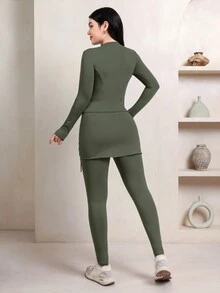 Veilorie Women's Zip-Up Long Sleeve Top And Drawstring Skort Sports Set - Army Green - View 2