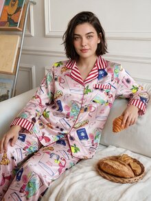 Chillnights Plus Size Cartoon Print Top And Pants Pajama Set - Multicolor - View 6