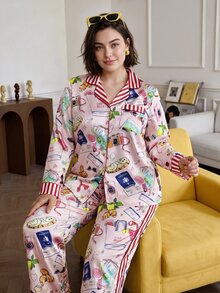 Chillnights Plus Size Cartoon Print Top And Pants Pajama Set - Multicolor - View 2