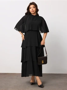 Enliva Plus Size Black Tiered Maxi Dress With Sheer Cape Sleeves For Pear Body - Black - View 5