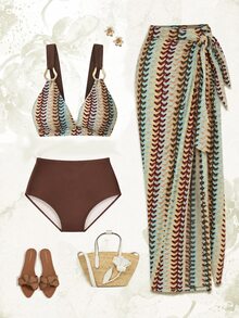Swim Oasis Plus Size Women's Summer Beach Colorblock Sexy Bikini And Triangle Panty Two-Piece Swimsuit Set With Skirt - Multicolor - View 1