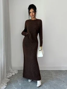 Selianne Women's Autumn/Winter Slouchy Round Neck Knit Sweater & High Waist Long Skirt 2 Pieces Set, Loose Long Sleeve Pullover - Brown - View 8