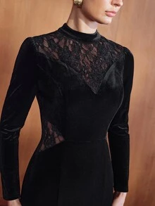 MOTF PREMIUM WOMEN'S SOLID COLOR CONTRAST LACE LONG SLEEVE ELEGANT DRESS - Black - View 1