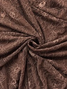 Cravure French Vintage Elegant Fashion Casual Lace Patchwork V-Neck Mesh Asymmetrical Ruffle Hem Brown Dress - Brown - View 3