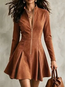 LUMIGAL Women's Solid Color Pleated Fashion Vintage Summer Dress - Brown - View 1