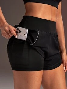 Powerista Women's Elastic Waist Double Layer Sports Shorts - Black - View 4