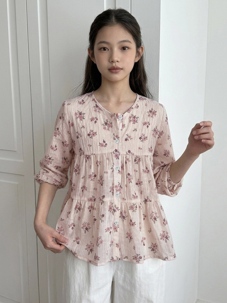 DAZY Round Neck Cute Floral Long Sleeve Autumn Sweet Tween Girl) Blouse - Pink - View 6