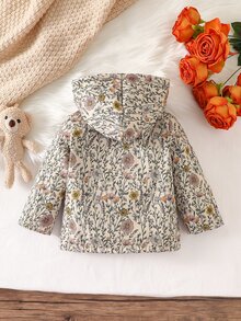 SHEIN 嬰幼兒女童連帽夾克外套，可愛甜美米色粉色黃色碎花，毛絨內裡長袖加厚戶外冬季拉鍊式拼接設計 - 杏色 - 查看 2