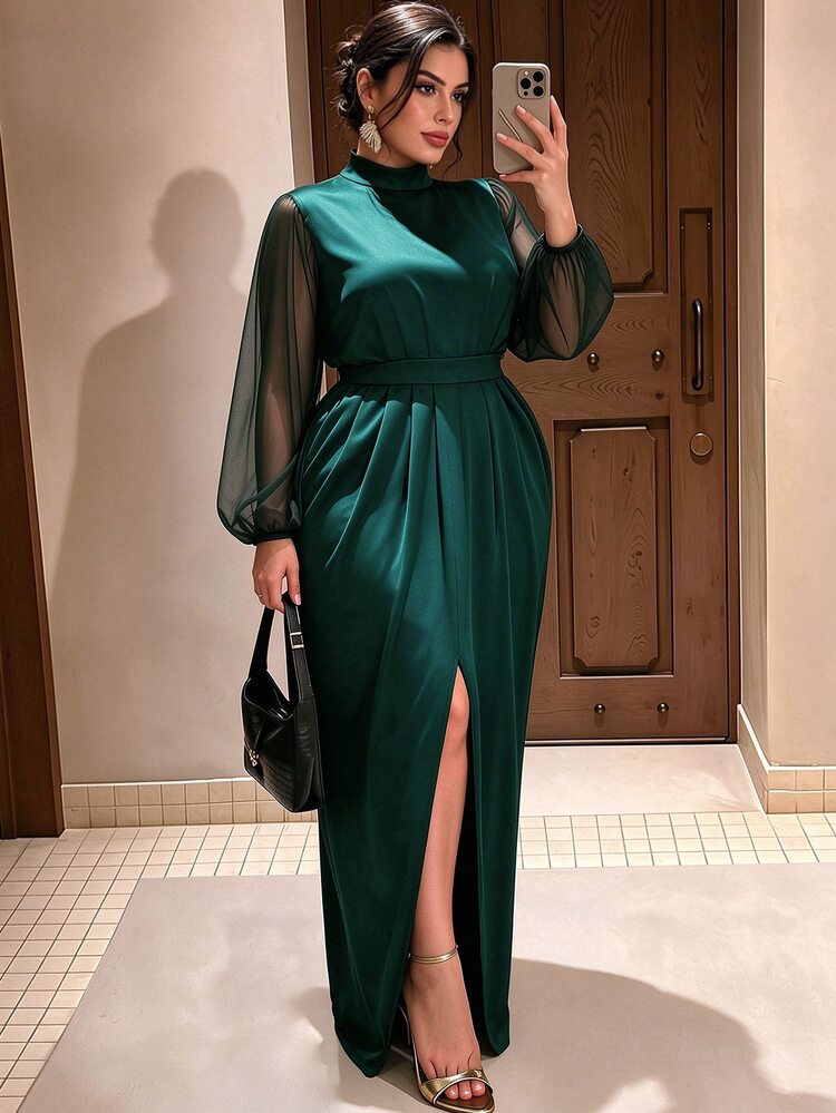 Cravure Plus Size Satin Contrast Mesh Long Sleeve Party Dress With Front Slit - Dark Green - View 1