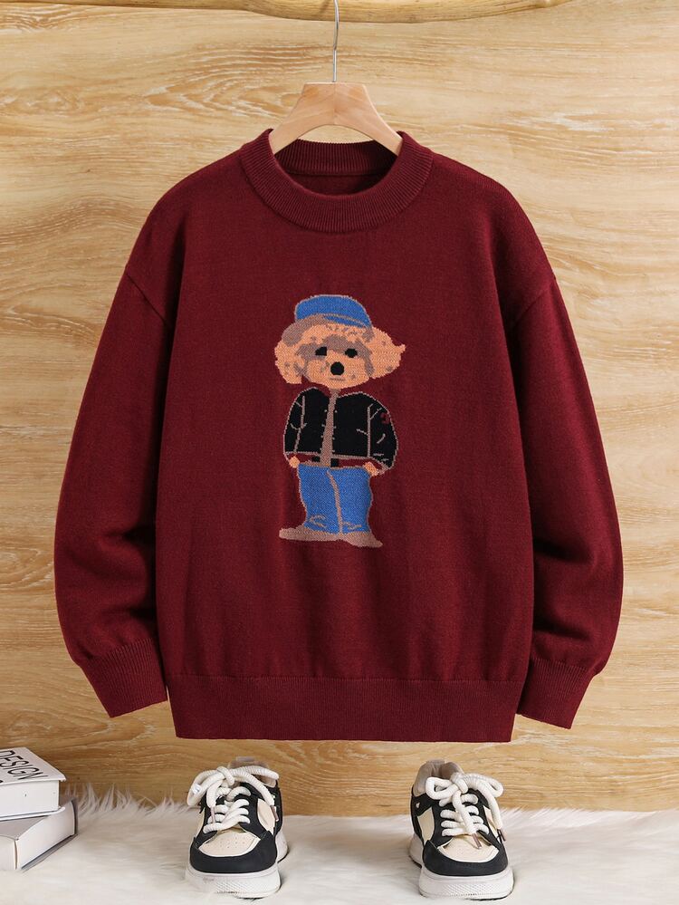 SHEIN Kids Tween Boys Comfortable Soft Skin-Friendly Casual Cute Bear Knit Sweatshirt Round Neck Pullover Red Long Sleeve Sweatshirt Base Layer Suitable For Commuting School Daily Casual Vacation Travel Sports Autumn Winter Season Christmas - Burgundy - View 2