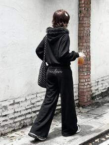 DAZY Women's Casual Long Sleeve Hoodie & Long Pants 2 Pieces Set, Korean Style - Black - View 2