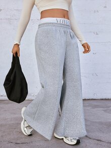 Voyena Plus Size Women's Grey Sports Pants With Pockets, Elastic Waistband, English Letter Print Flare Leg Winter - Grey - View 4