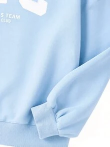 SHEIN Tween女孩美式字母印花衛衣與寬腿褲2件套，寬鬆圓領長袖上衣＋垂墜直筒褲，柔軟針織面料，春秋休閒灰色運動服 - 藍色 - 查看 5
