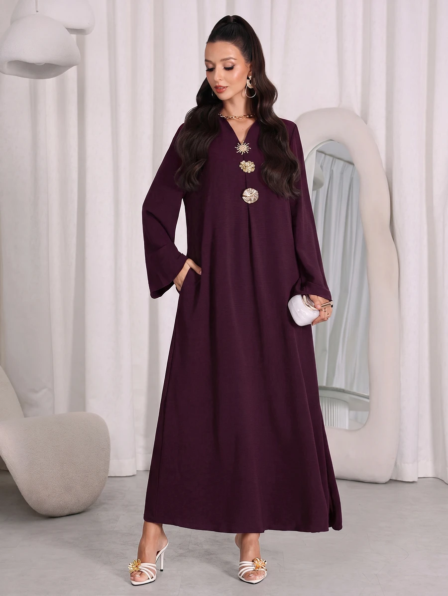 Al Najma 女款土耳其長洋裝與阿拉伯傳統阿巴雅棕色洋裝,杜拜奢華巧克力棕現代卡夫坦洋裝 - 藕粉色 - 查看 1