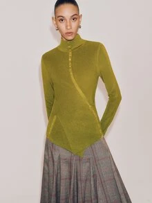 Anewsta Essential Women Elegant Half High Neck Ribbed Knit Pullover, Cross Wrap Side Button Irregular Asymmetrical Hem Slim Fit Long Sleeve Sweater, Autumn Winter Chris - Green - View 6