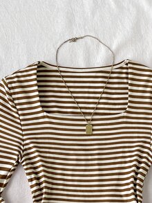 SHEIN 青少年女孩 T-shirt 粉色與白色條紋方領長袖，萬聖節、秋季、冬季、秋天、Y2K、粉色 - 棕色 - 查看 5