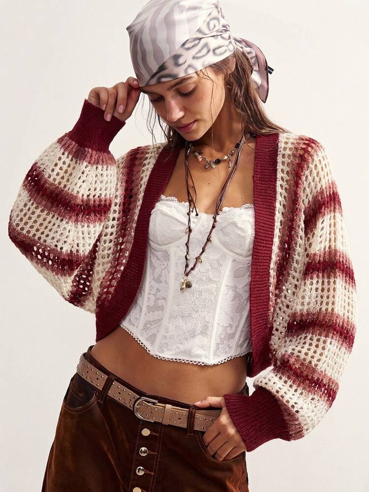 Bohemela Women's Fashionable Colorblock Hollow Out Long Sleeve Sweater - Multicolor - View 8