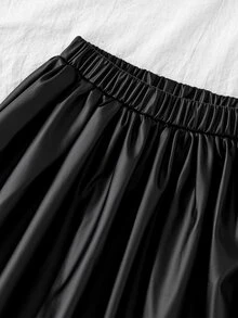 Tween Girls Faux PU Leather Skirt Black Elastic Waist Laser Cut Out Scallop Hem A Line Flared Pleated Plain Skirts - Black - View 4