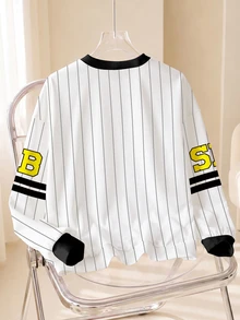 SpongeBob SquarePants | SHEIN Women's Cartoon Pattern Print Striped Long Sleeve Sweatshirt - White - View 2