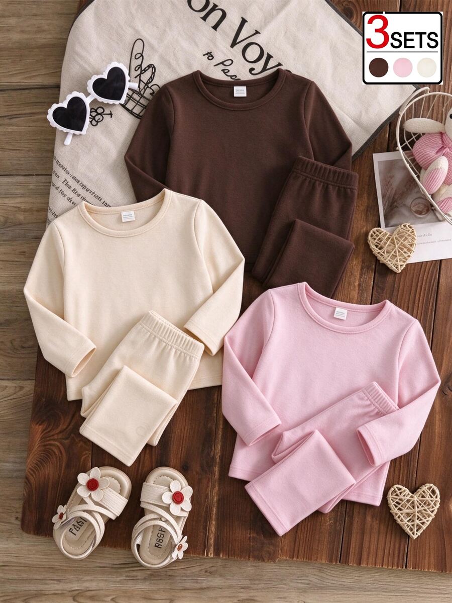SHEIN 6件組幼女上衣+長褲套裝,可愛甜美粉色奶油棕色純色毛絨質感,長袖圓領加厚,適合假日派對秋季Y2K風格毛絨 - 彩色 - 查看 1