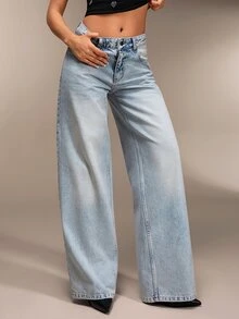 SHEIN 90's Baby Blue Low Waist Wide Leg Denim Jean, Plus - Light Wash - View 6