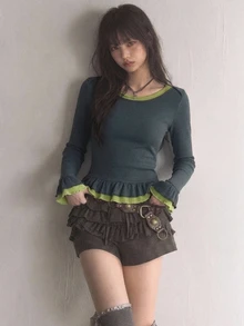 FRIFUL Women's Color Block Ruffle Hem Casual T-Shirt For Middle-Aged And Elderly - Dark Grey - View 1