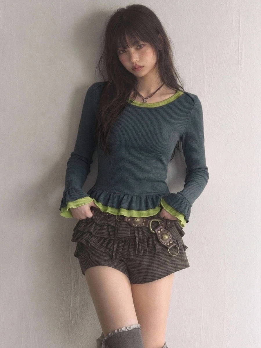 FRIFUL Women's Color Block Ruffle Hem Casual T-Shirt For Middle-Aged And Elderly - Dark Grey - View 1