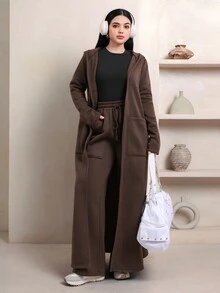 Veilorie Women's Fashion Pocket Hooded Robe And Loose Pants 2 Pieces Set - Brown - View 1