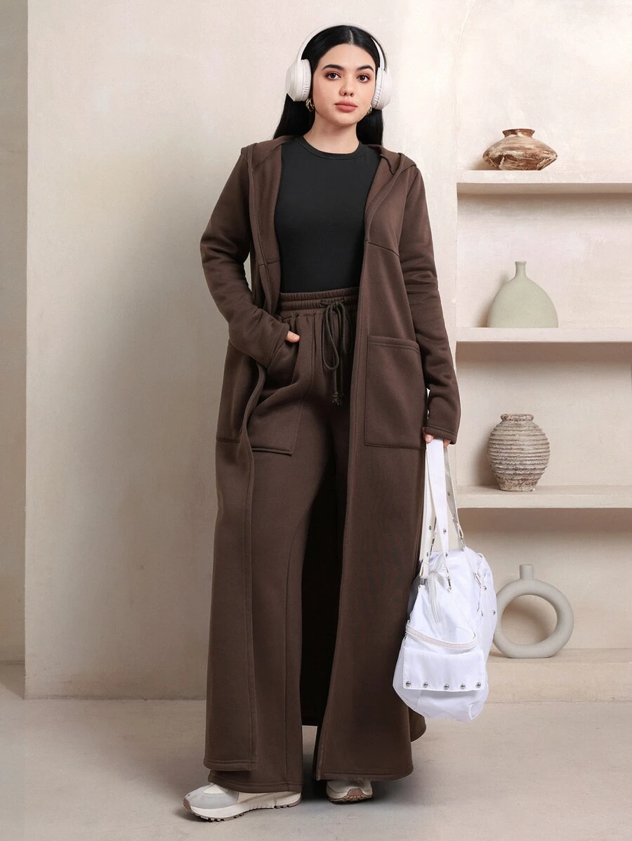 Veilorie Women's Fashion Pocket Hooded Robe And Loose Pants 2 Pieces Set - Brown - View 1