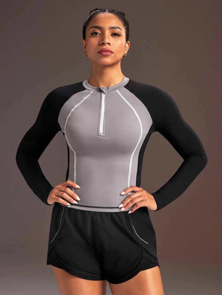 Powerista Women's Colorblock Raglan Long Sleeve Zip-Up Half-Placket Sport Sweatshirt - Black - View 1