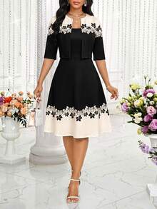 SHEIN Lady 女款優雅正式藍白花卉A字中長洋裝，適合秋冬辦公室工作、派對、教堂、外出、聖誕、新年、婚禮、生日、夜晚聚會 - 黑色和杏色 - 查看 7