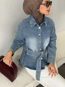 DAZY Women's Raglan Sleeve Single-Breasted Casual Denim Jacket - Blue - View 7