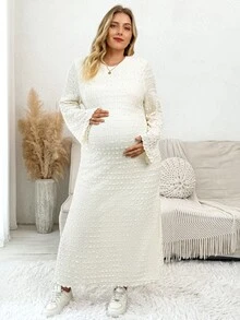 Plussiva Plus Size Solid Color Casual Party Dress For Pregnant Women - Apricot - View 3