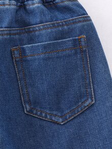 SHEIN 小男孩冬季保暖內裡牛仔長褲，深色水洗藍，時尚休閒錐形褲腿褲 - 深色水洗藍 - 查看 5