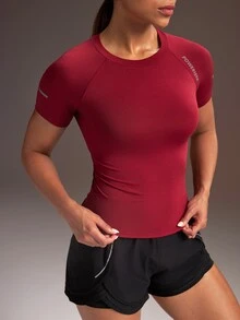 Powerista Women's Letter Print Raglan Short Sleeve Sports T-Shirt - Burgundy - View 4