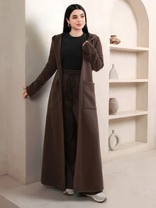 Veilorie Women's Fashion Pocket Hooded Robe And Loose Pants 2 Pieces Set - Brown - View 6
