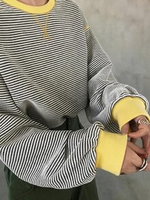 FRIFUL 女款圓領條紋長袖休閒T恤 - 黑色 - 查看 3
