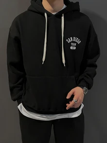 DAZY Autumn/Winter Thermal Lined Black Hooded Sweatshirt Set With Letter Print On Chest And Back For Men - Black - View 7