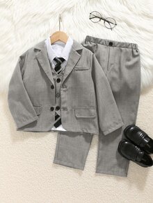 SHEIN 3件組兒童青少年男孩極簡剪影高級深皇家藍格紋西裝套裝，附深皇家藍領帶，適合婚禮季、派對及各種場合 - 灰色 - 查看 4