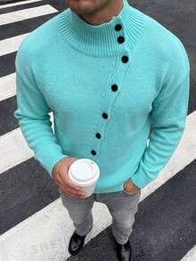 Manfinity CasualKnits كارديجان رجالي بلون موحد وأكمام طويلة وأزرار أمامية كاجوال من الصوف المحبوك - الأزرق - مشاهدة 1