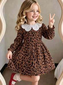 SHEIN 1pc Girls' Autumn New Fresh Style Loose Fit Long Sleeve Dress With Elastic Cuffs, Exquisite Collar, Back Opening Design, Casual Versatile Leopard - Brown - View 1